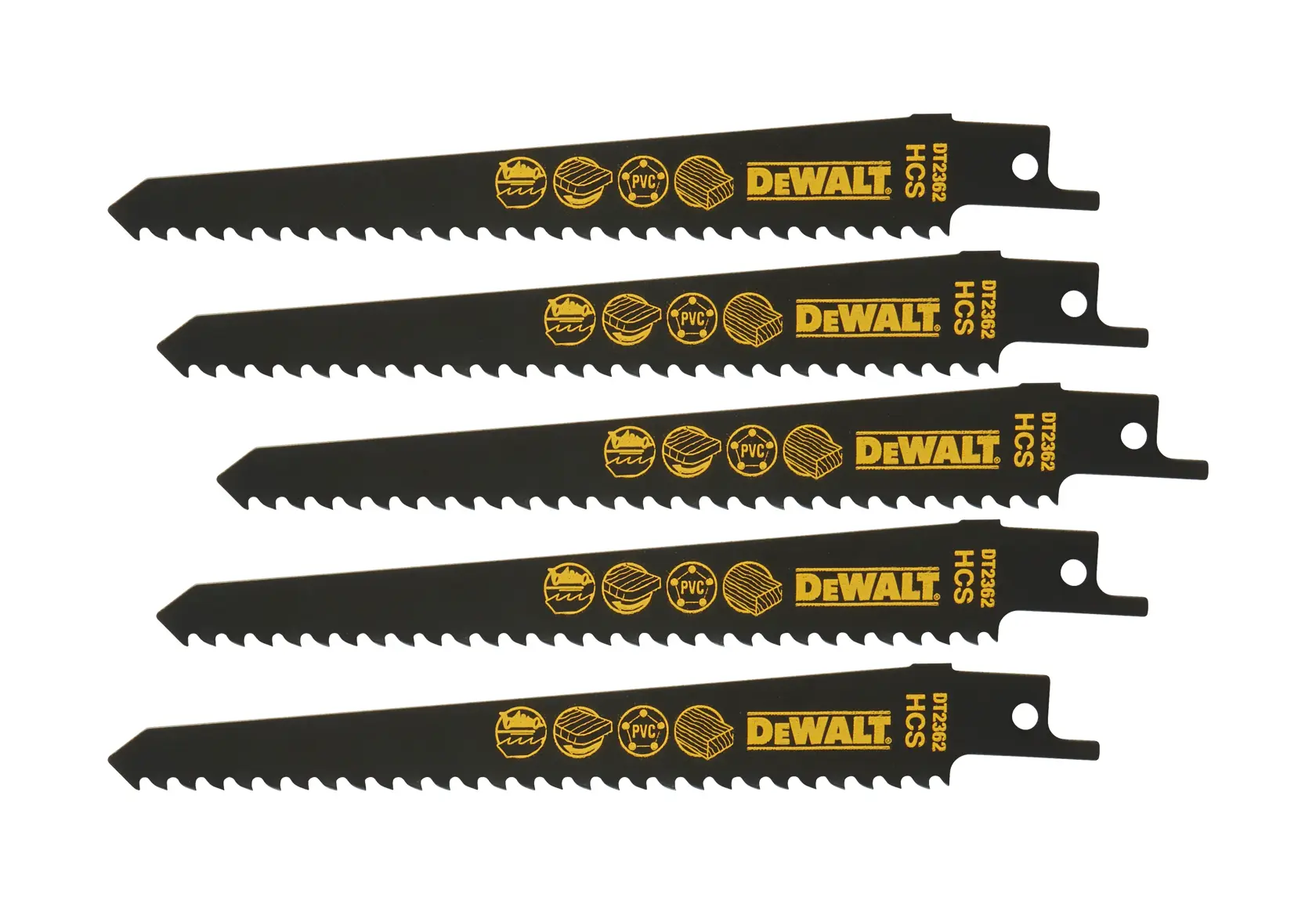 Five DEWALT DT2362 black reciprocating saw blades for wood and PVC, shown side by side.