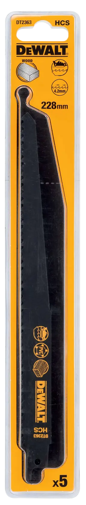 DEWALT DT2363 wood saw blade, 228mm, HCS, 5-pack in yellow packaging.