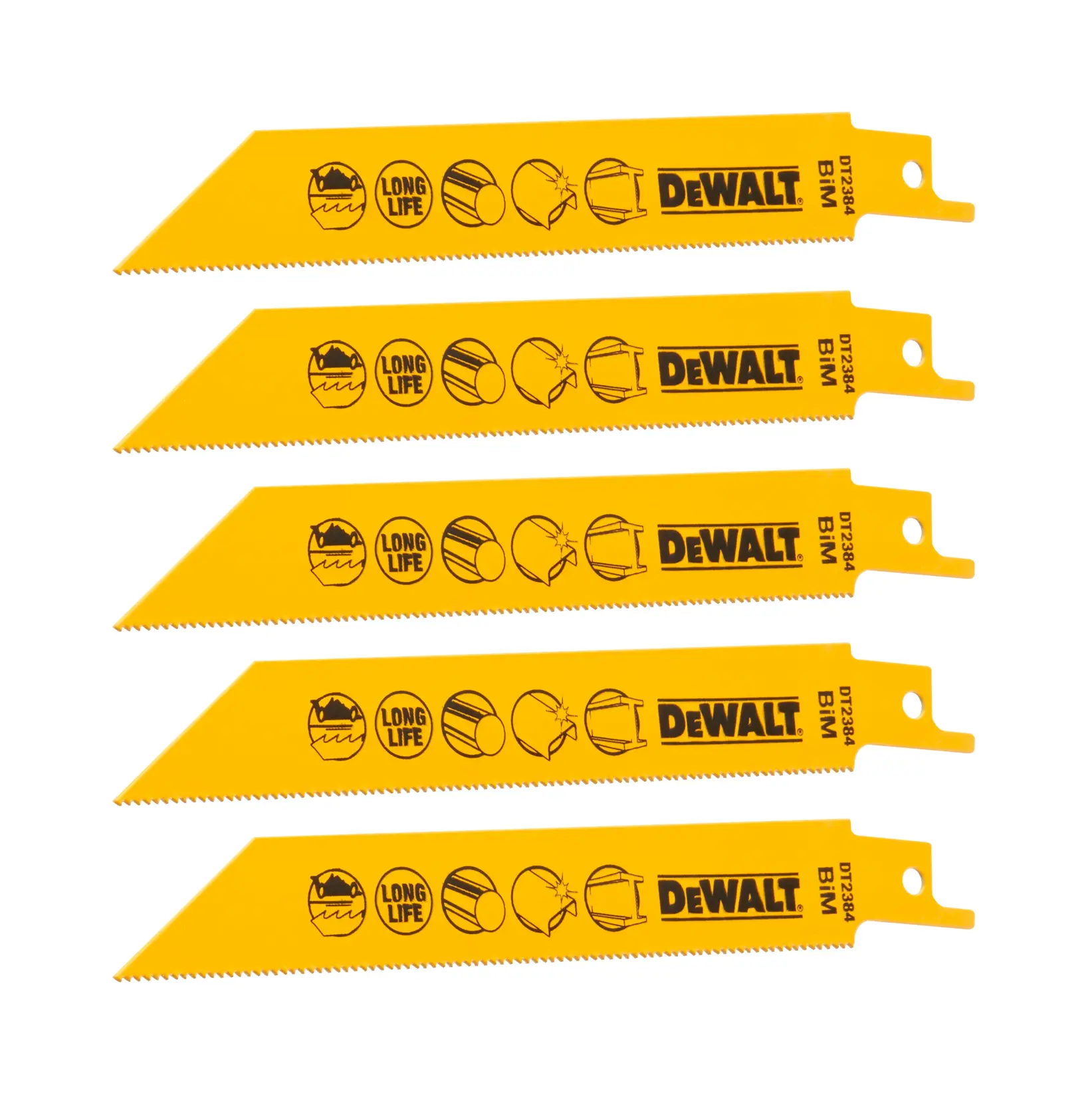 Set of four yellow DEWALT DT2384 reciprocating saw blades for cutting wood and metal.