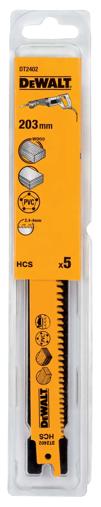 DEWALT DT2402 pack of 5 saw blades, 203mm, for cutting wood and PVC, shown in yellow branded packaging.