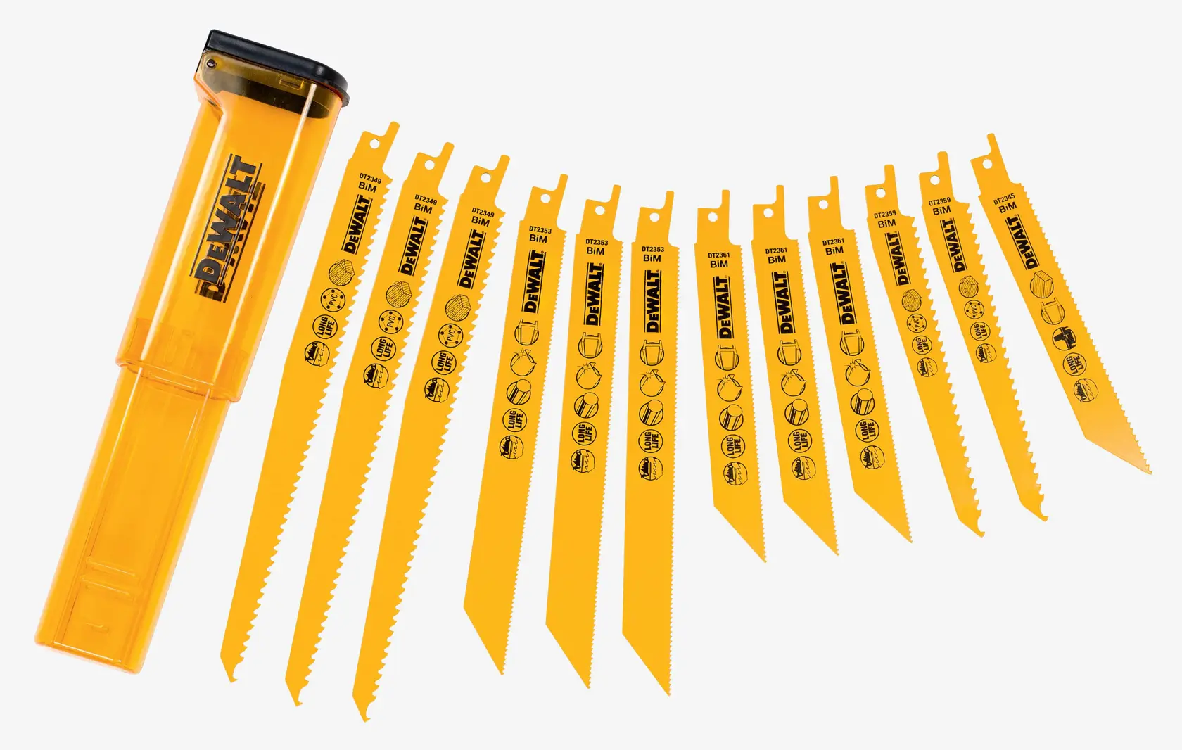 A set of ten yellow DEWALT reciprocating saw blades with a matching yellow storage case, arranged in a row. Each blade features printed DEWALT branding and icons indicating suitable materials and applications.