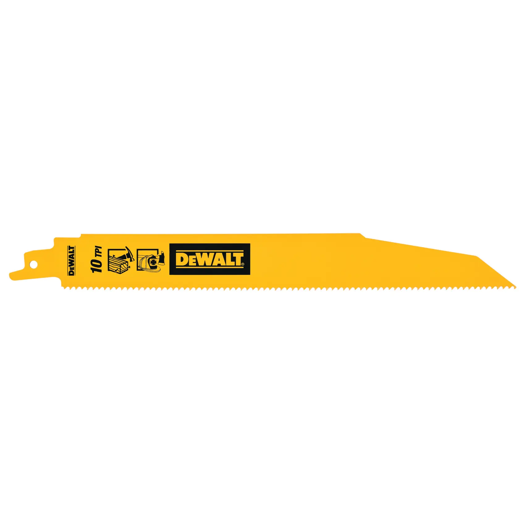 Yellow DEWALT saw blade with 10 TPI and logo. Designed for cutting wood, suitable for reciprocating saws.
