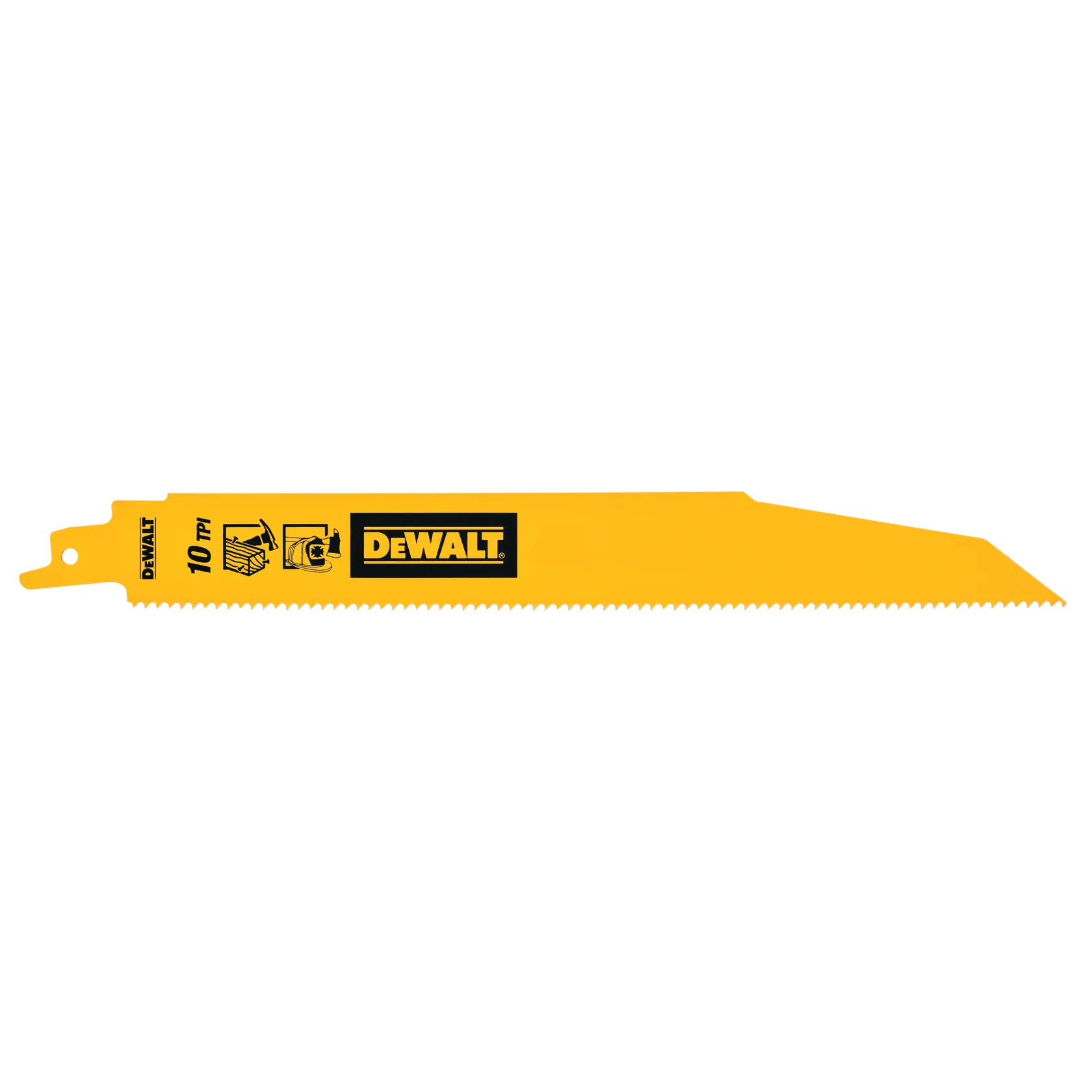 DEWALT yellow reciprocating saw blade, DT2490 model, 10 TPI, straight shape, for wood and demolition.