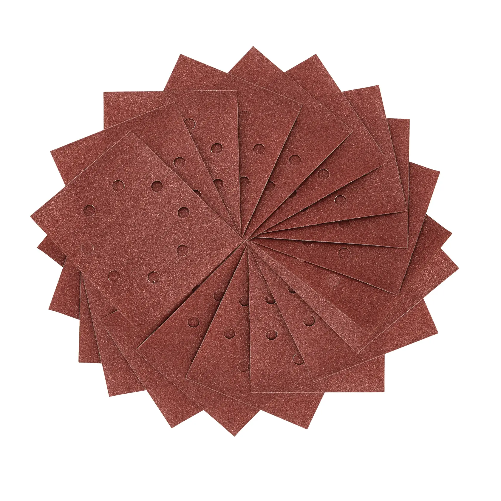 Stack of rectangular DEWALT sandpaper sheets with holes, arranged in a circular pattern on a white background.