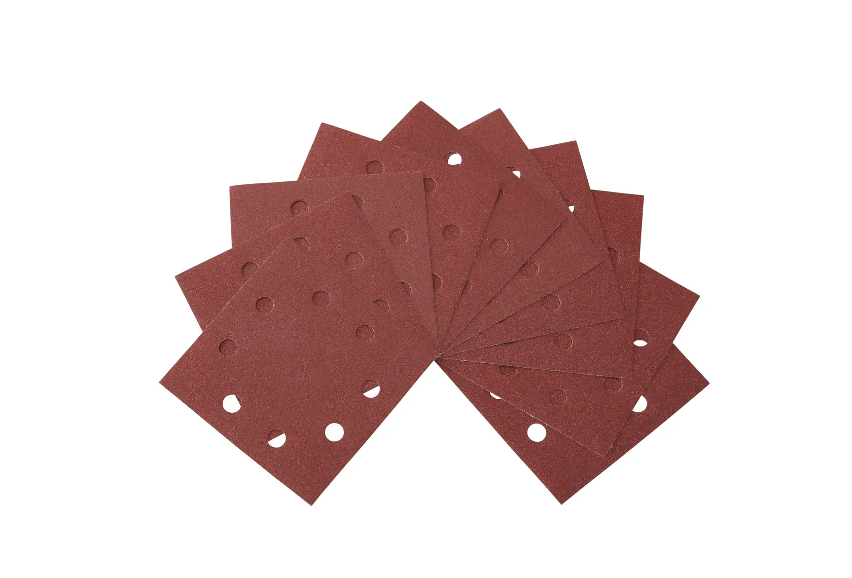 A set of rectangular brown sanding sheets with multiple circular holes, arranged in a fan shape on a white background.