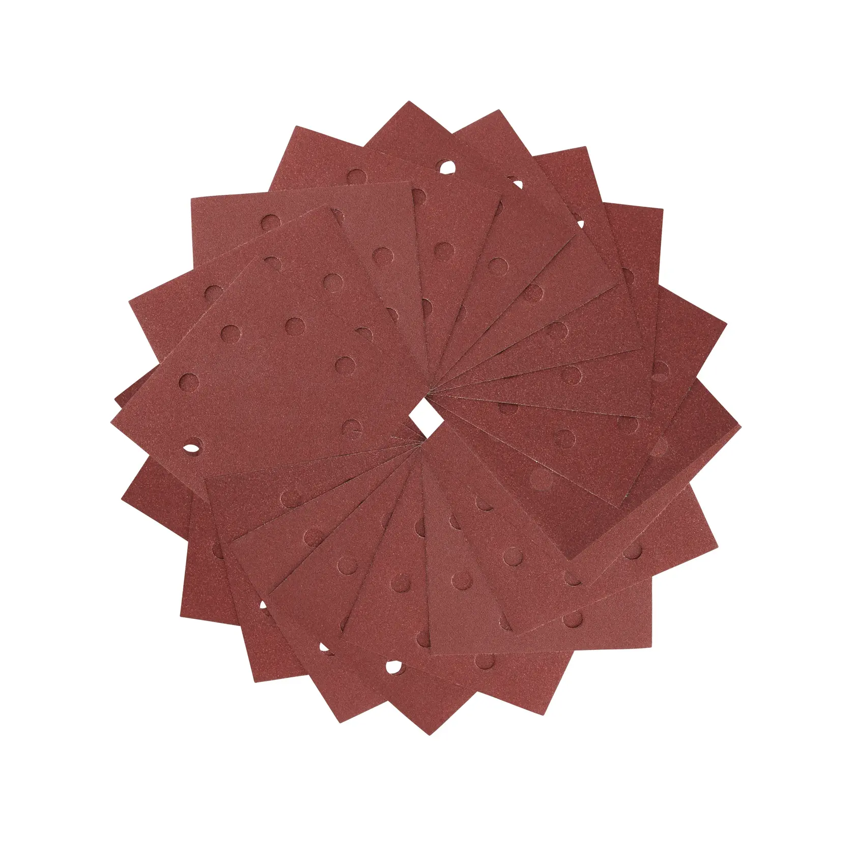 Stack of rectangular DEWALT sanding sheets with holes, arranged in a circular pattern on a white background.