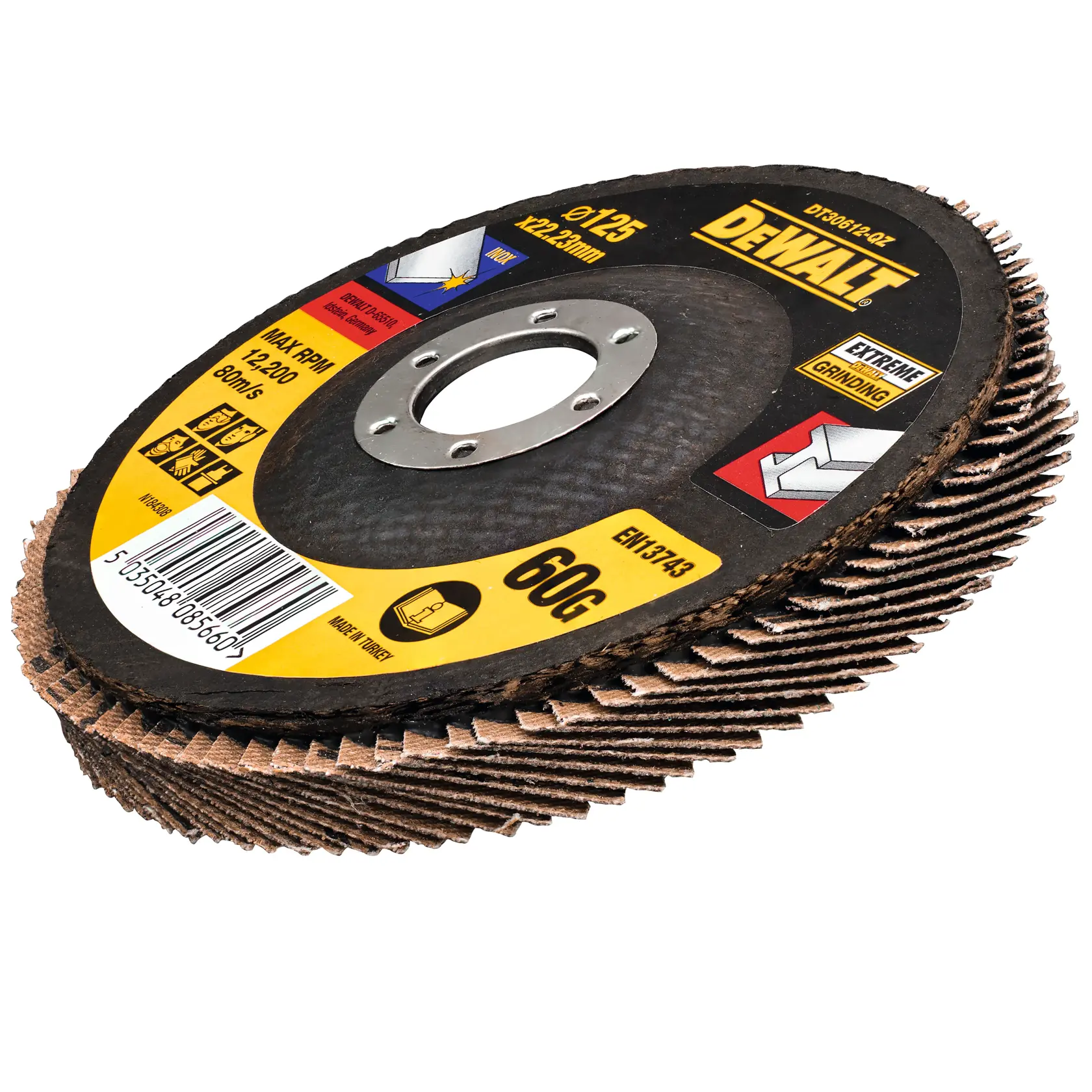 Stack of DEWALT 60G flap discs for grinding, labeled with specifications. Black and yellow design.