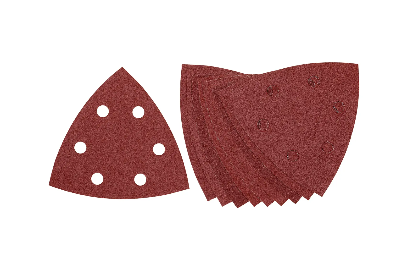 Set of triangular red sanding sheets with holes, suitable for detail sanders.
