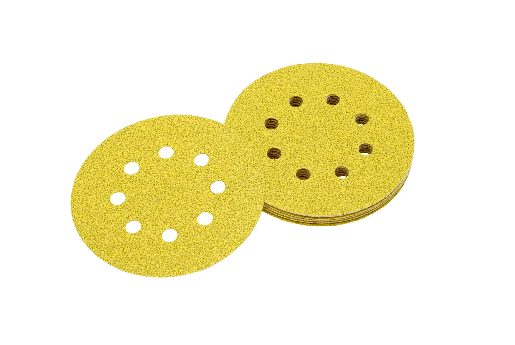 Stack of yellow DEWALT sanding discs with multiple holes, used for surface smoothing and finishing.