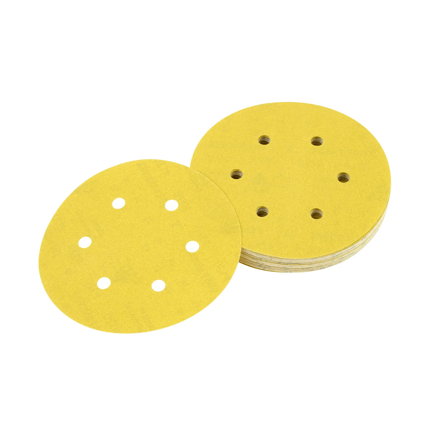 Stack of round yellow sanding discs with holes, used for orbital sanders.