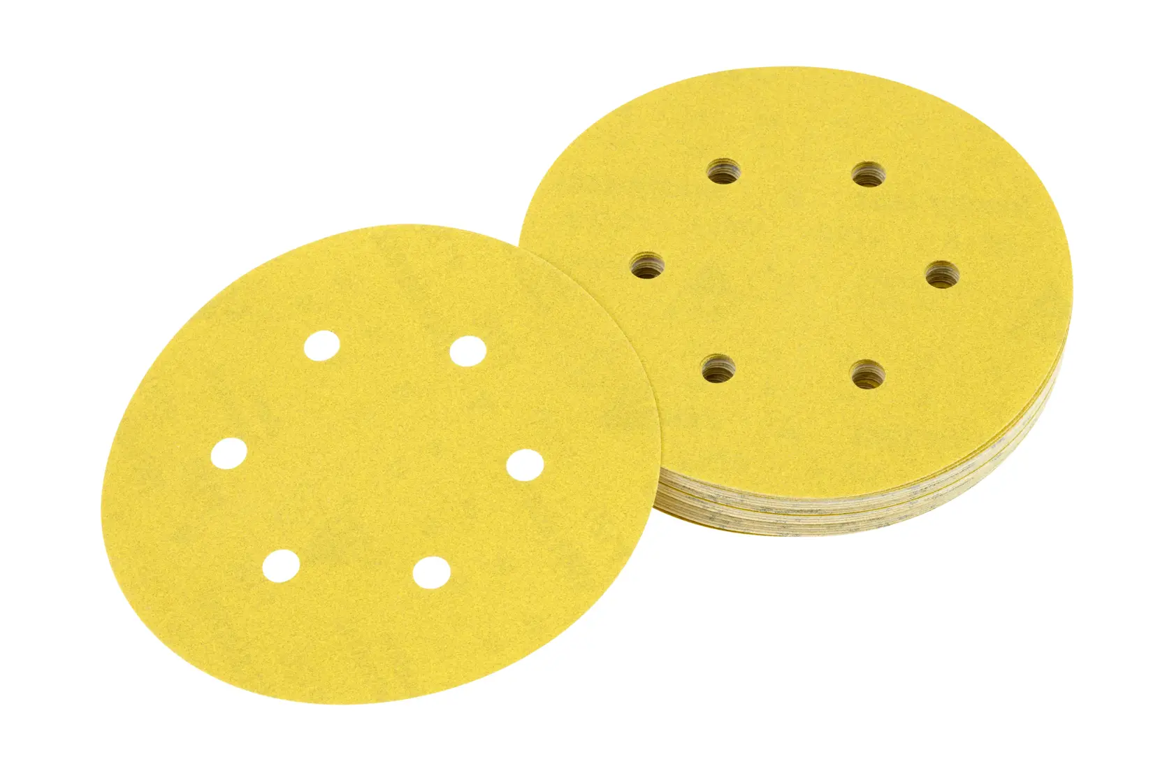Stack of round DEWALT sanding discs with holes, used for orbital sanders.