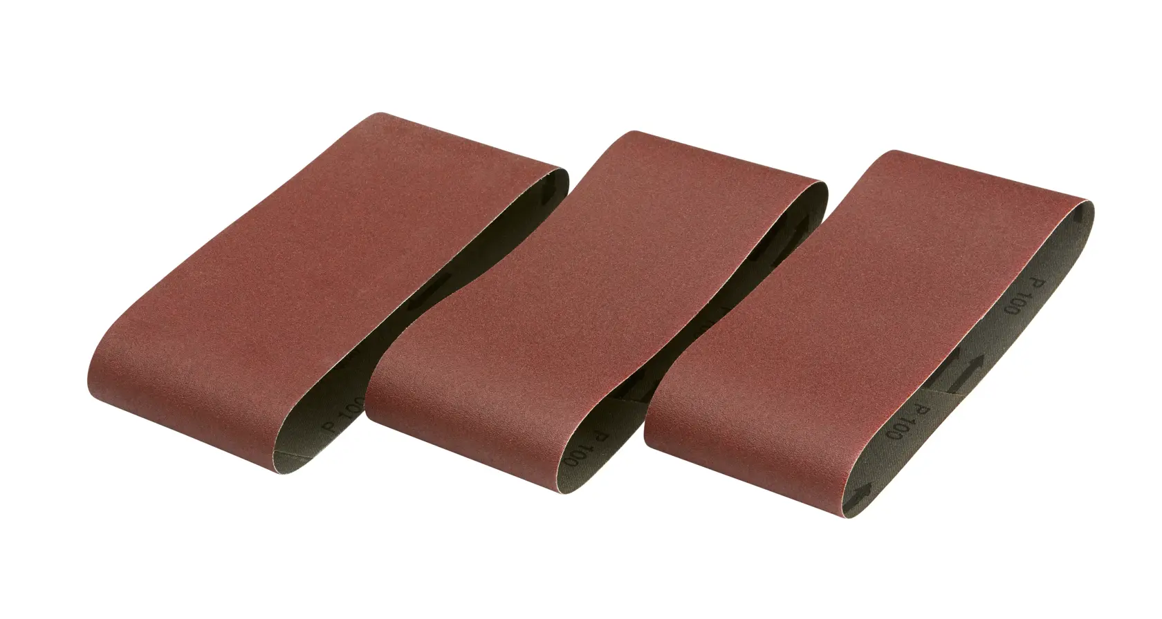 Three brown DEWALT sanding belts, placed side by side on a white background.