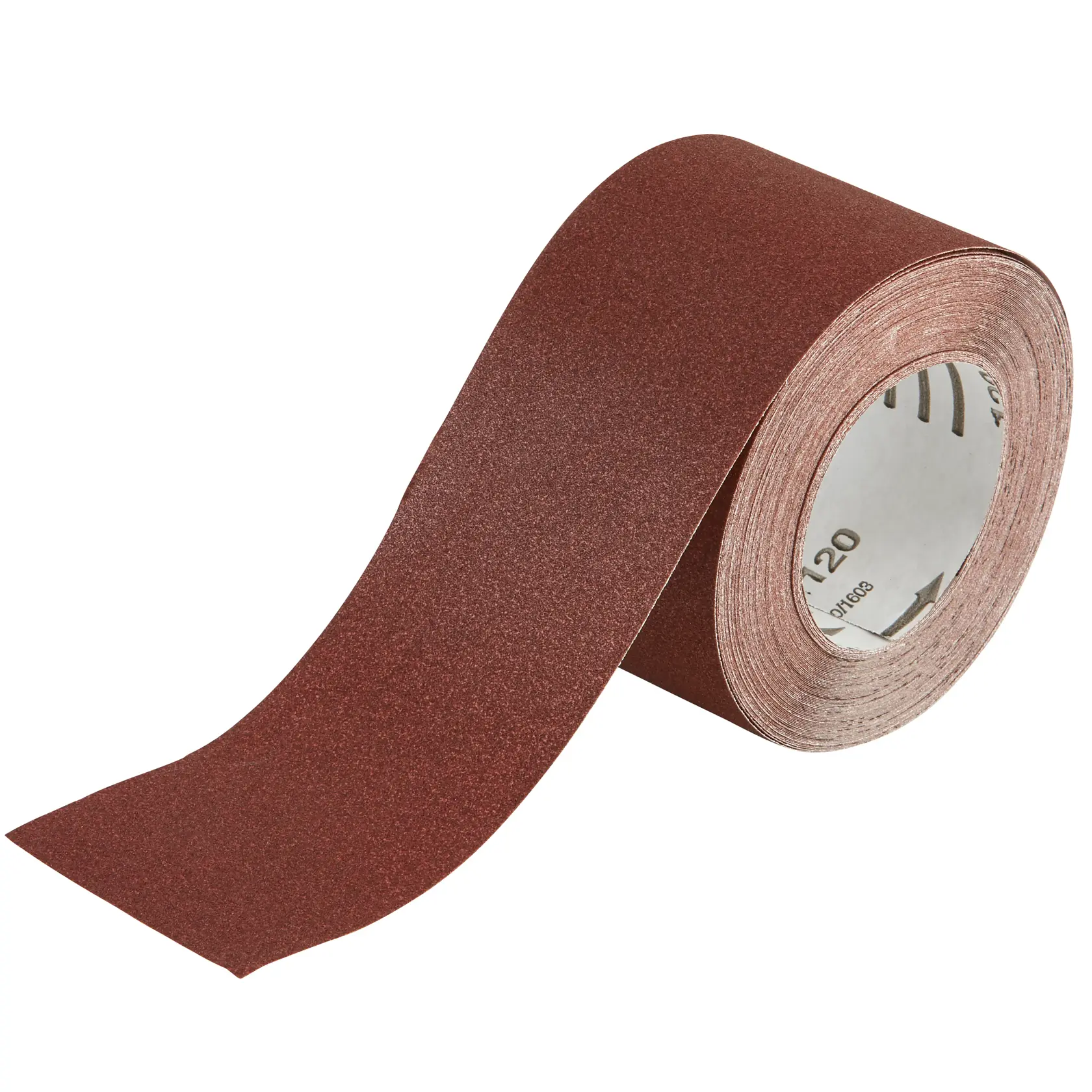 Roll of brown abrasive sandpaper, partially unrolled, used for sanding surfaces.