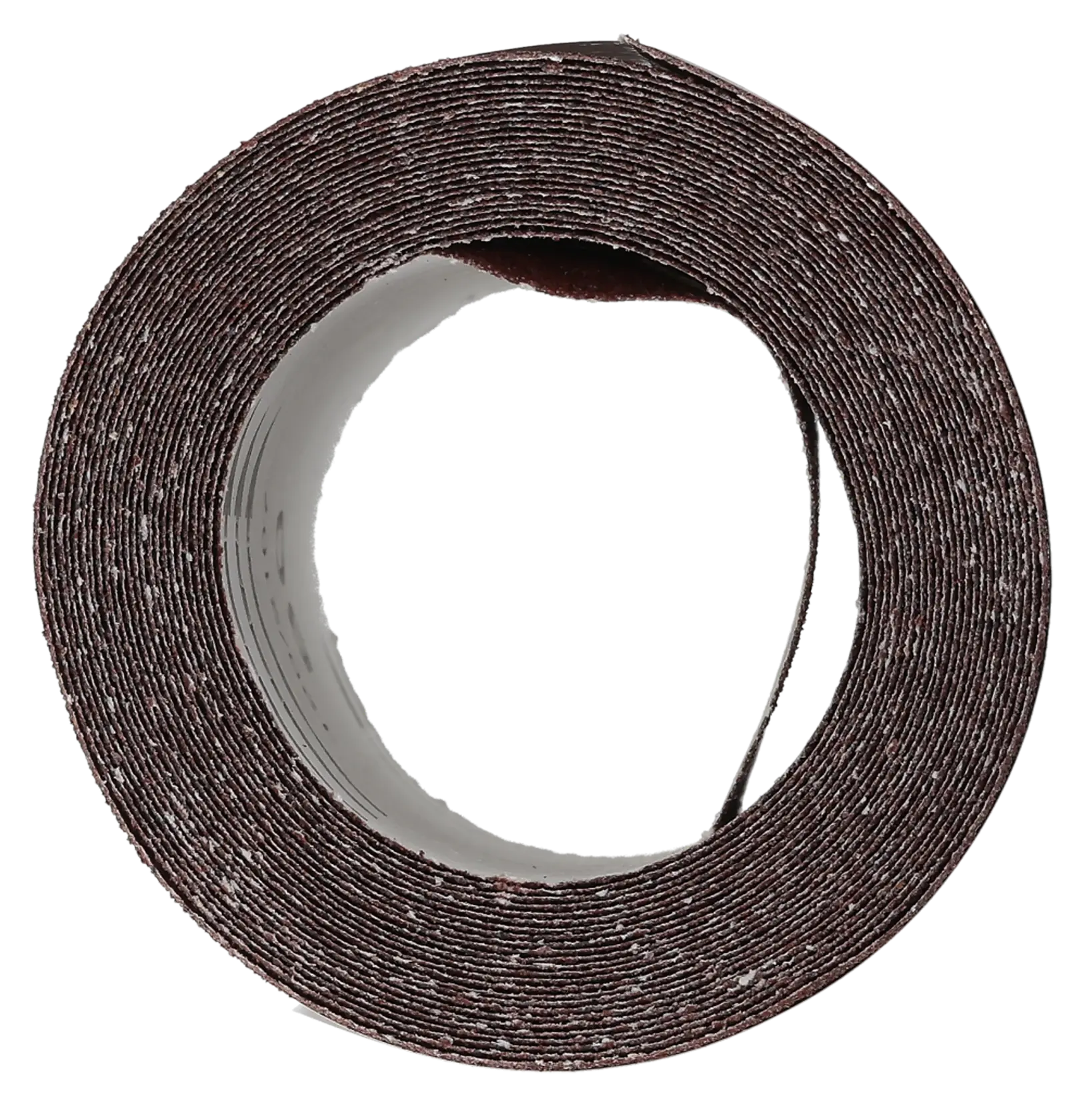 Roll of brown abrasive sanding paper viewed from the front, showing its spiral layers and textured surface.