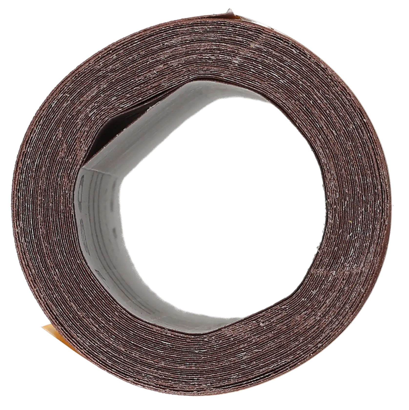 A rolled brown sanding sheet viewed from the front, showing the layered abrasive surface.