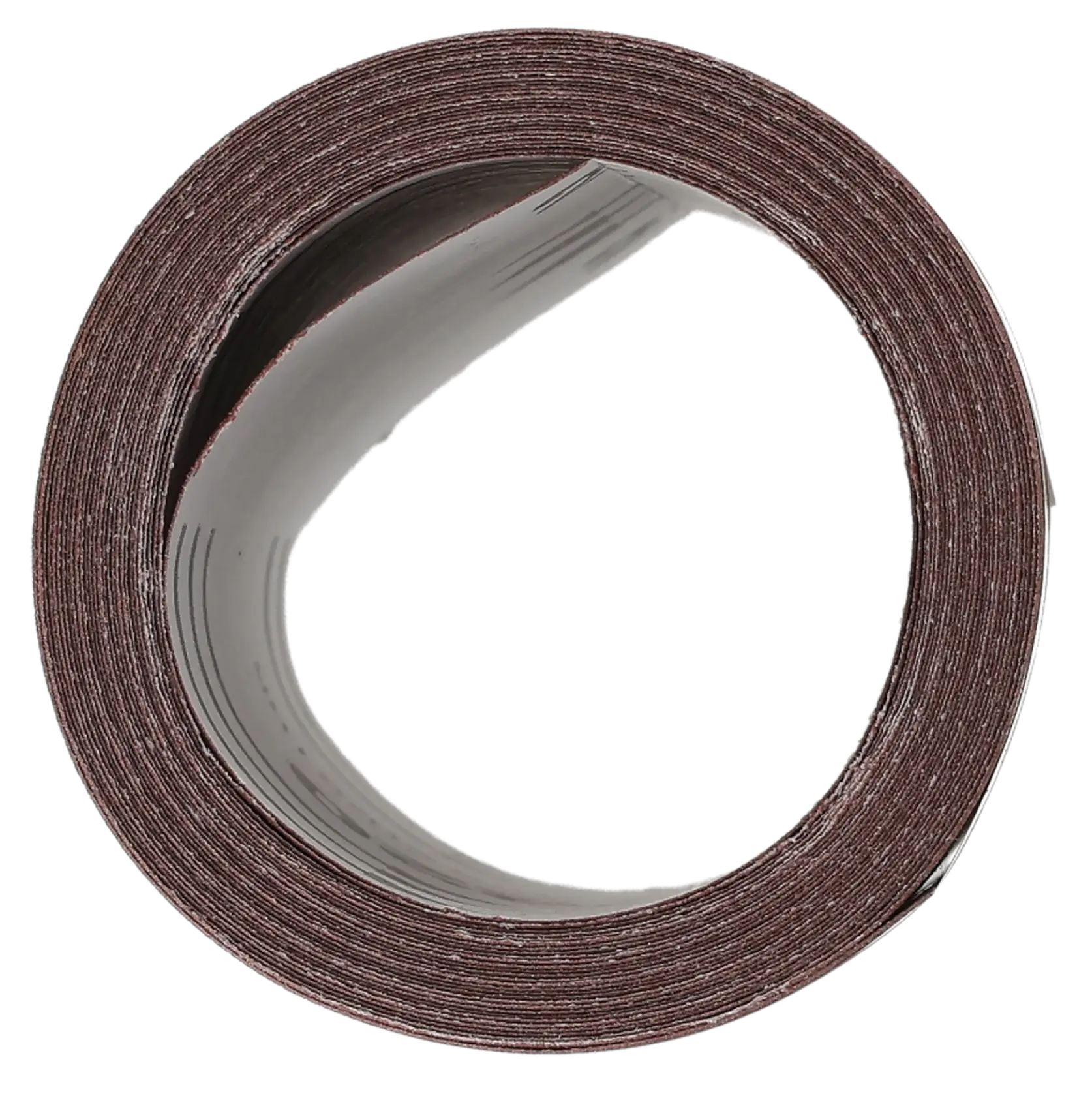 A close-up of a rolled DEWALT sanding belt with a brown abrasive surface, viewed from the front.