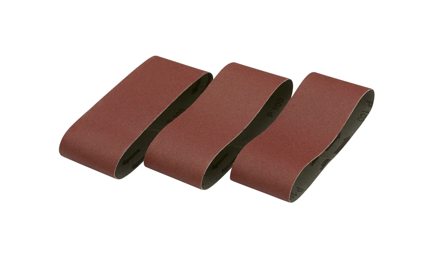 Three DEWALT DT3641 sanding belts in brown, arranged side by side, used for smoothing surfaces.
