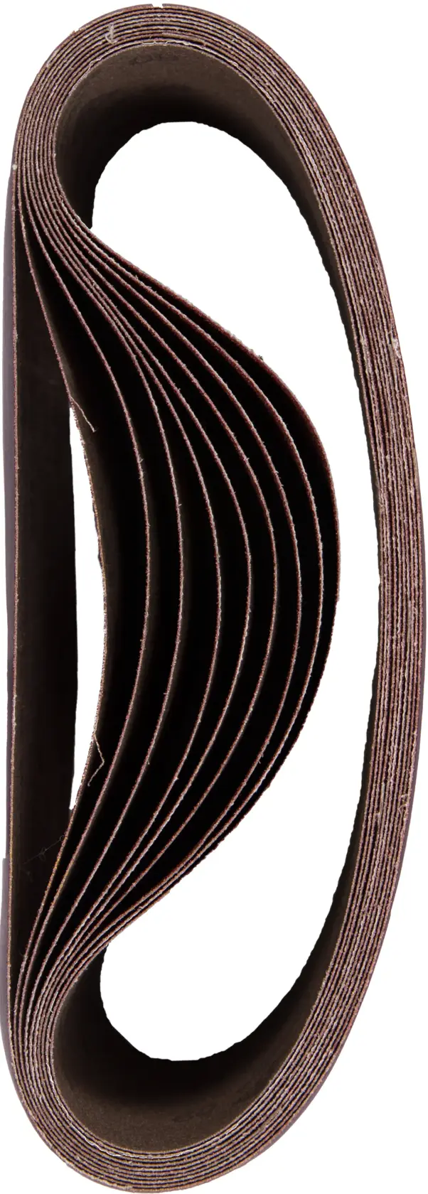 A stack of brown sanding belts arranged in a loop, viewed from the side on a white background.