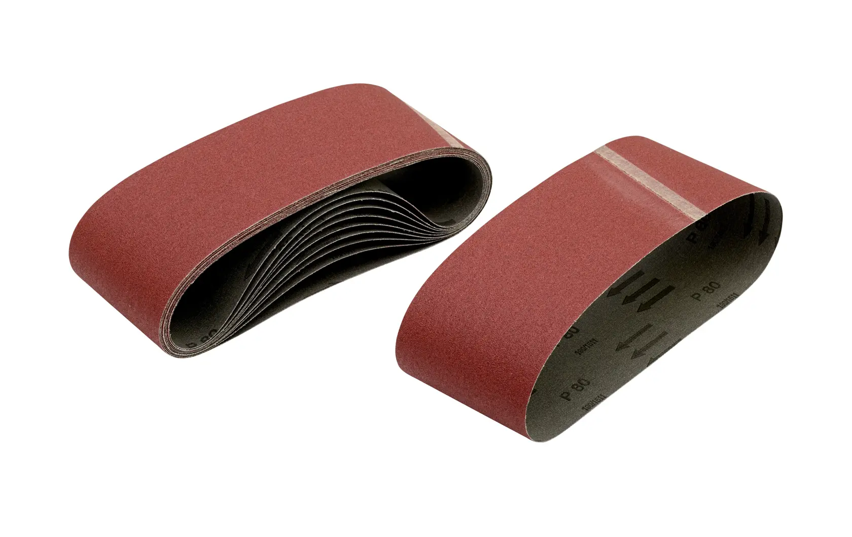 Two DEWALT sanding belts, reddish-brown, stacked and side-by-side, used for smoothing surfaces.