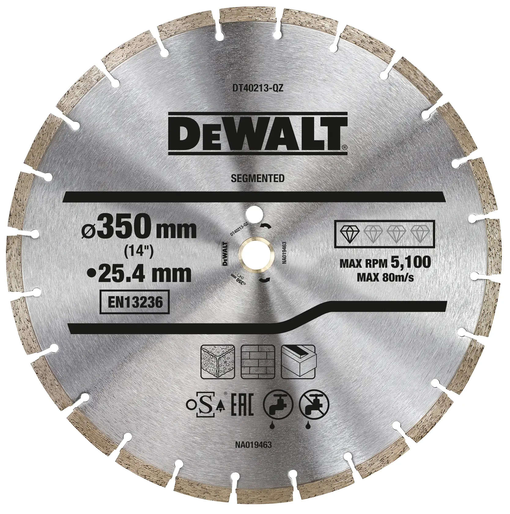 A DEWALT segmented diamond saw blade, model DT40213, with a diameter of 350 mm (14 inches) and bore size of 25.4 mm. The blade features specifications for masonry cutting, building materials, and stone, with maximum rotational speed of 5,100 RPM and maximum speed of 80 m/s. Markings include EN13236 standard compliance and illustrated usage icons.