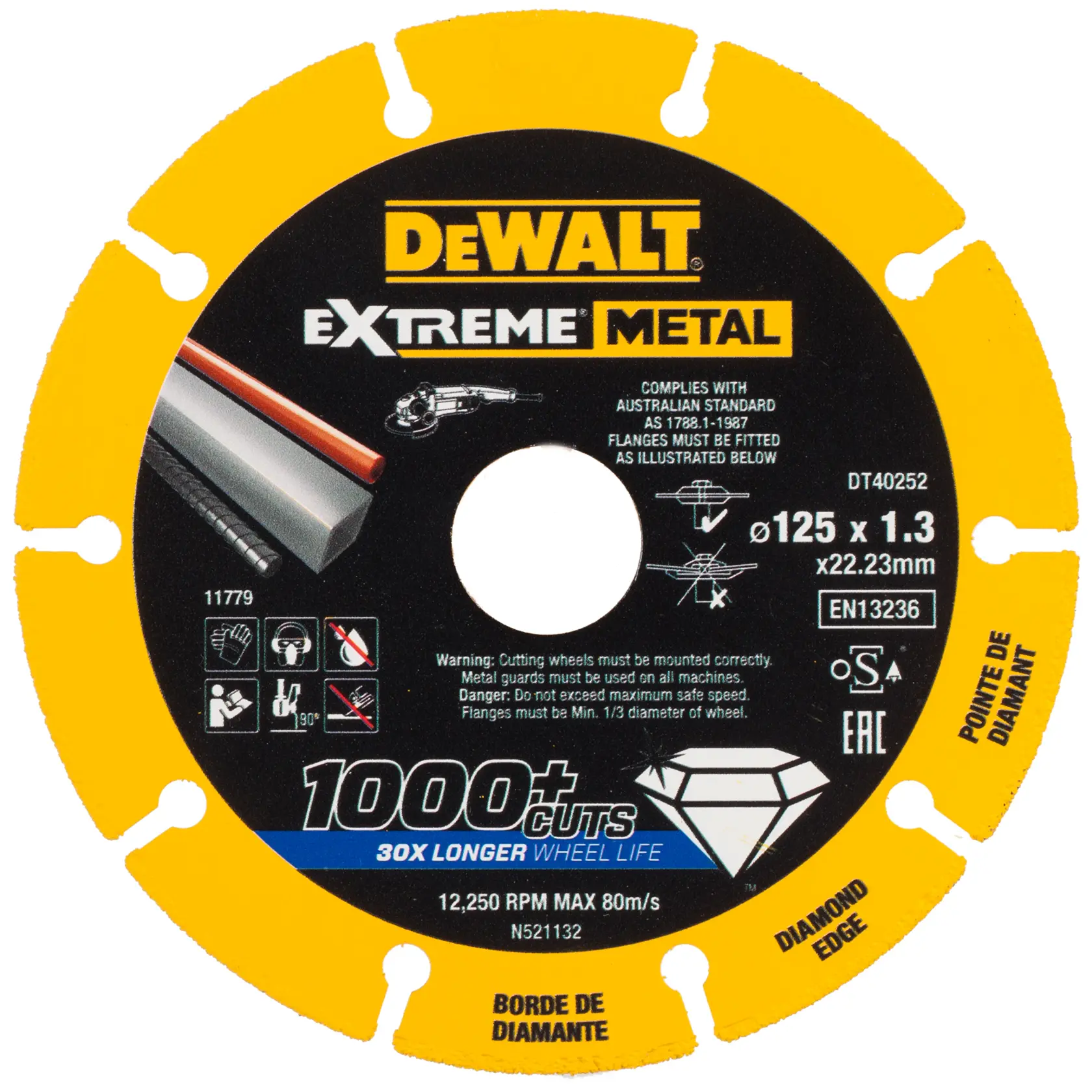 Photo of DEWALT DT40252 diamond edge extreme metal cutting disc, yellow and black, 125mm front view.