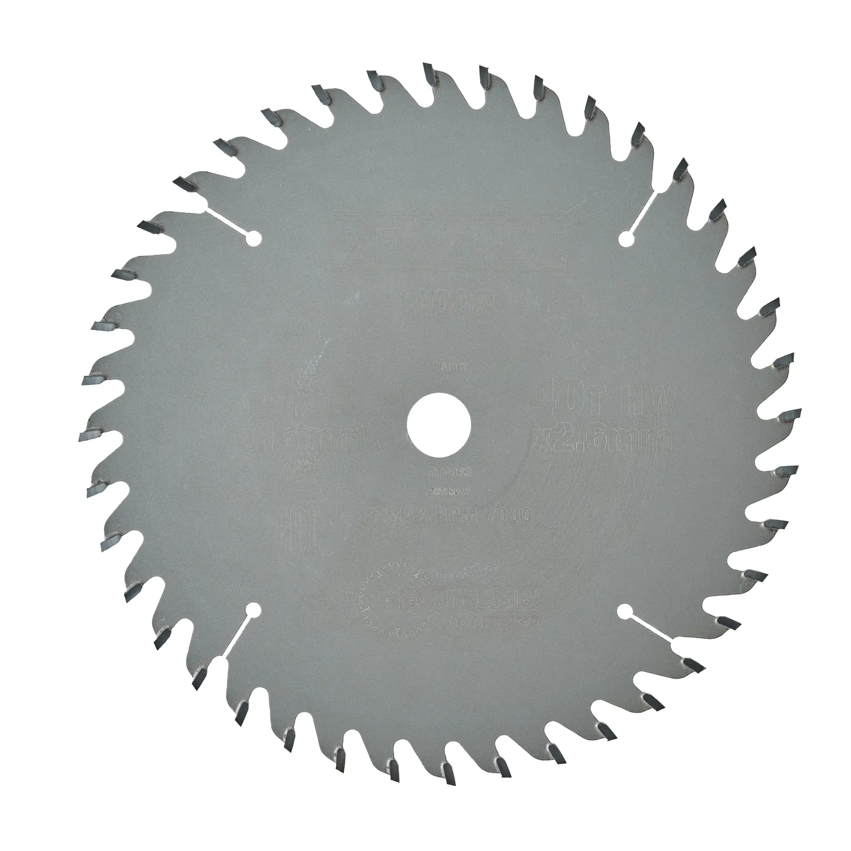 A DEWALT DT4063 circular saw blade with sharp teeth, shown against a white background.