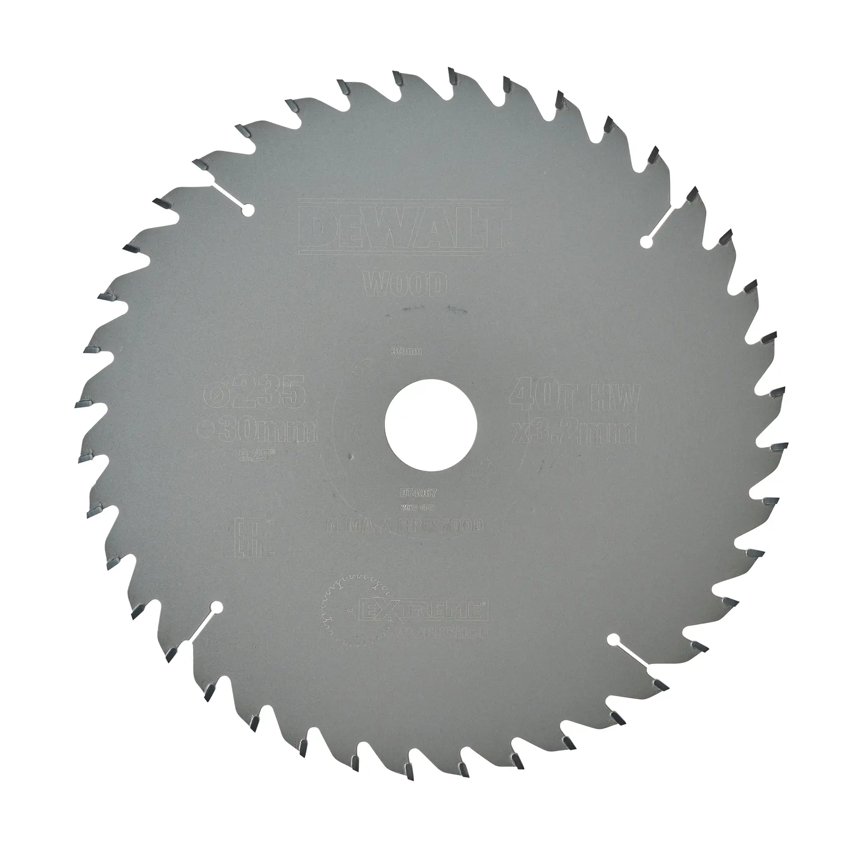 DEWALT DT4067 circular saw blade for woodworking, featuring 40 sharp teeth and a central mounting hole.