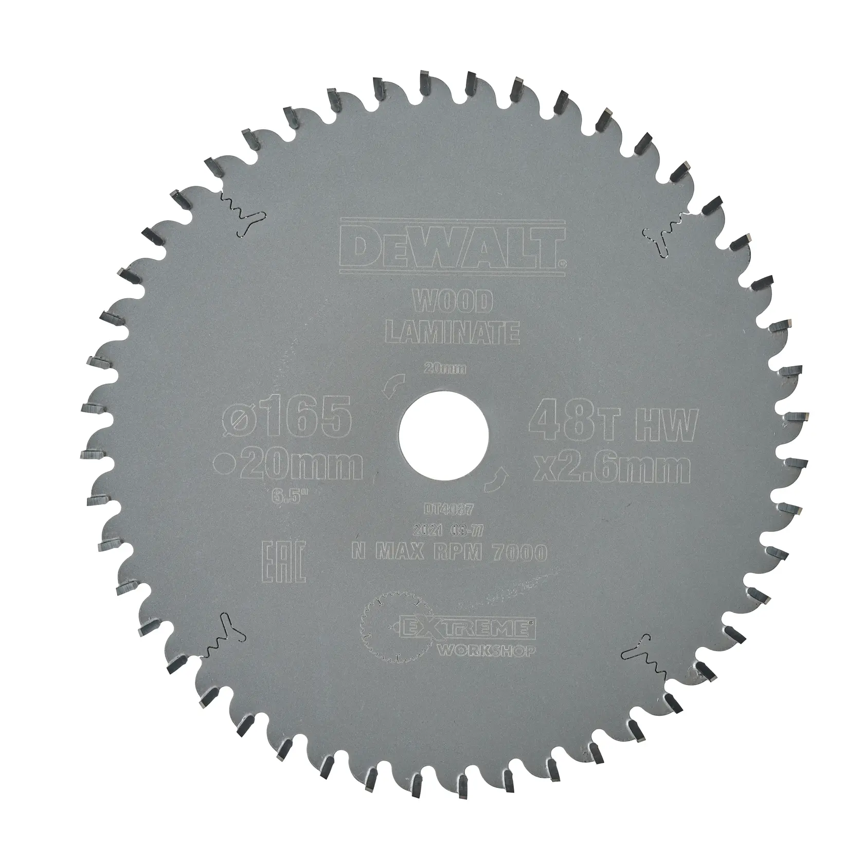 A circular DEWALT saw blade, model DT4087, designed for wood and laminate. The blade has 48 teeth and specifications include 165mm diameter, 20mm bore, and a maximum RPM of 7000.