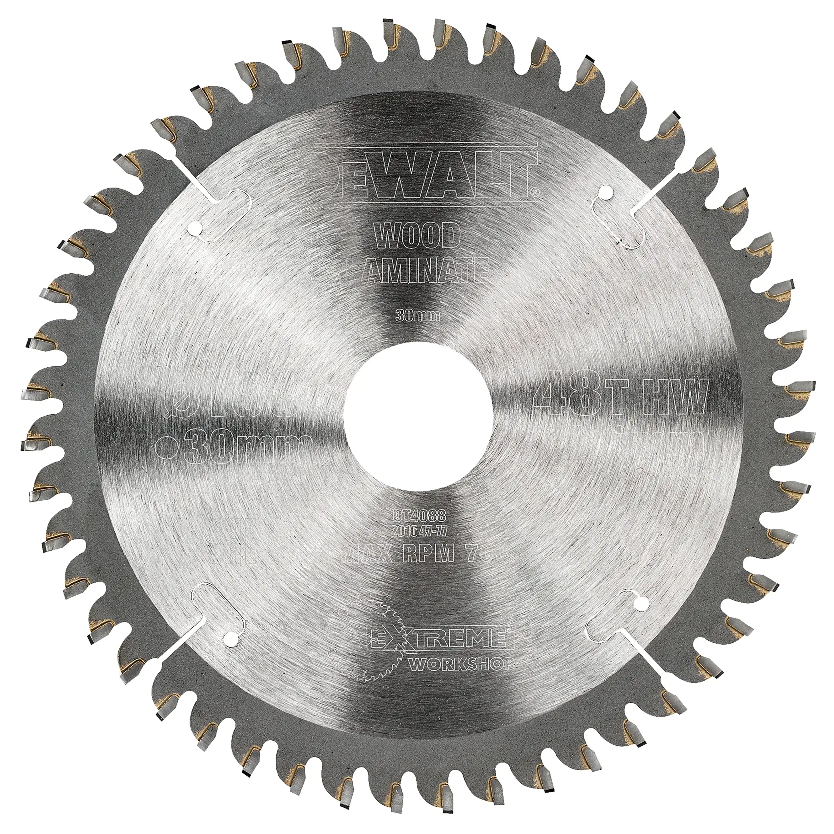 DEWALT DT4088 circular saw blade for wood, 48 teeth, silver metal finish with central hole.