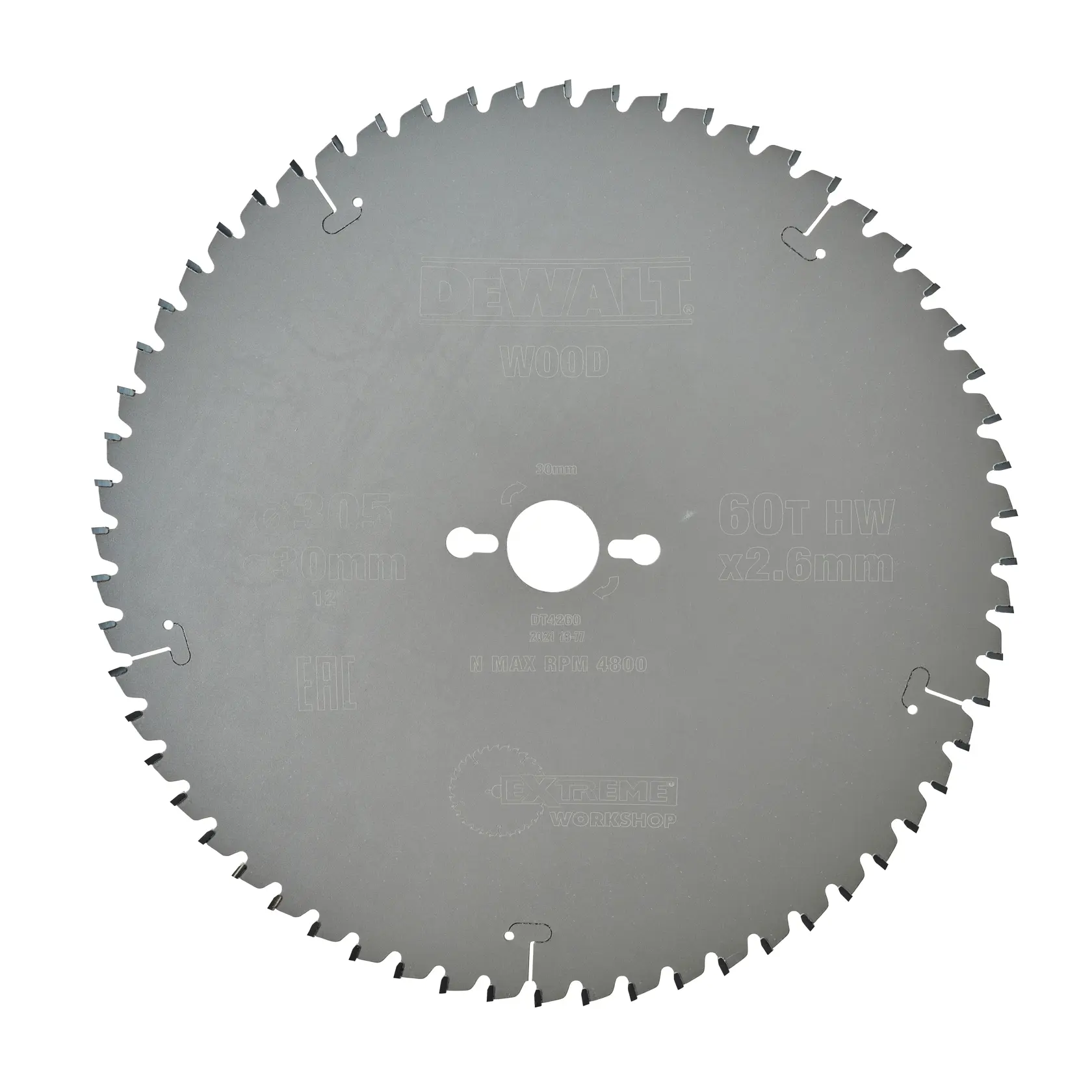 A circular saw blade for wood, branded DEWALT, featuring 60 teeth. The blade is marked with specifications including a diameter of 305 mm and a thickness of 2.6 mm.