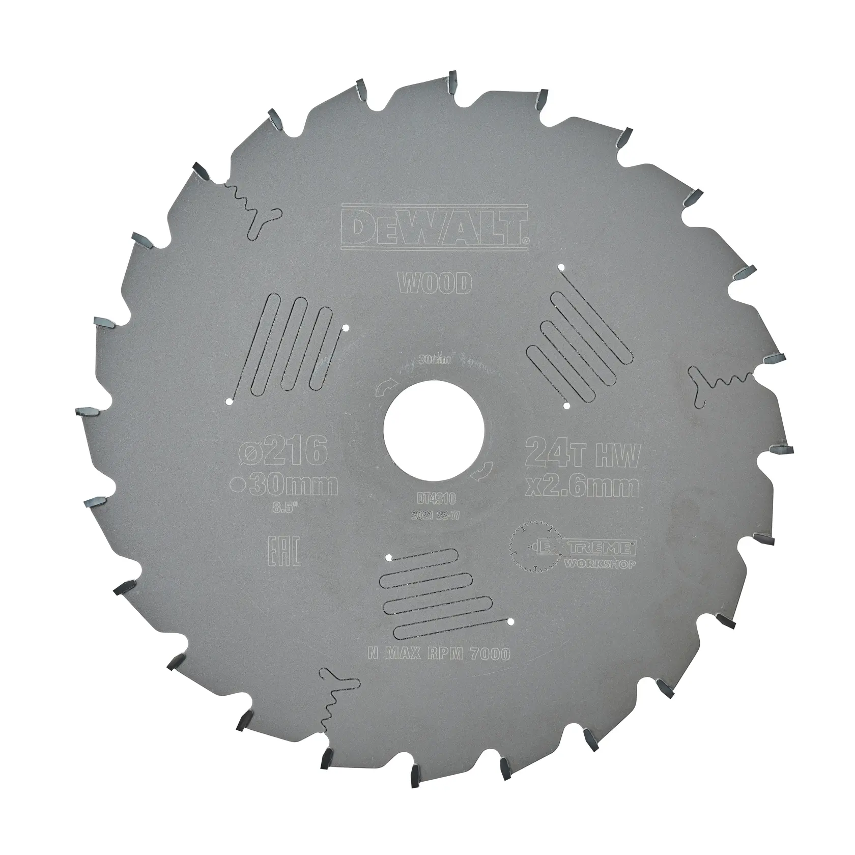 DEWALT DT4310 circular saw blade for wood, 216mm diameter, 24 teeth, 30mm arbor, silver color.