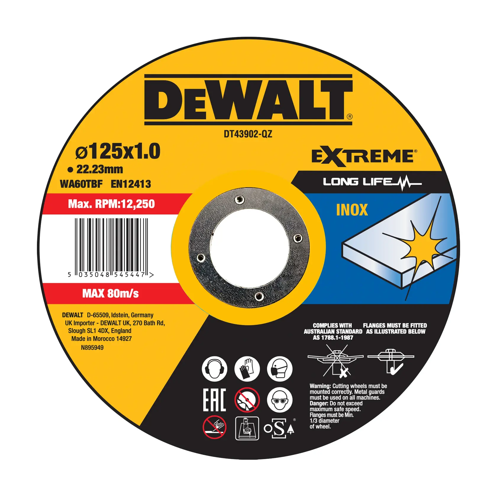 DEWALT grinding disc for inox, DT43902-QZ, DT43902, 125x1.0mm, max 12,250 RPM, for photography equipment use.