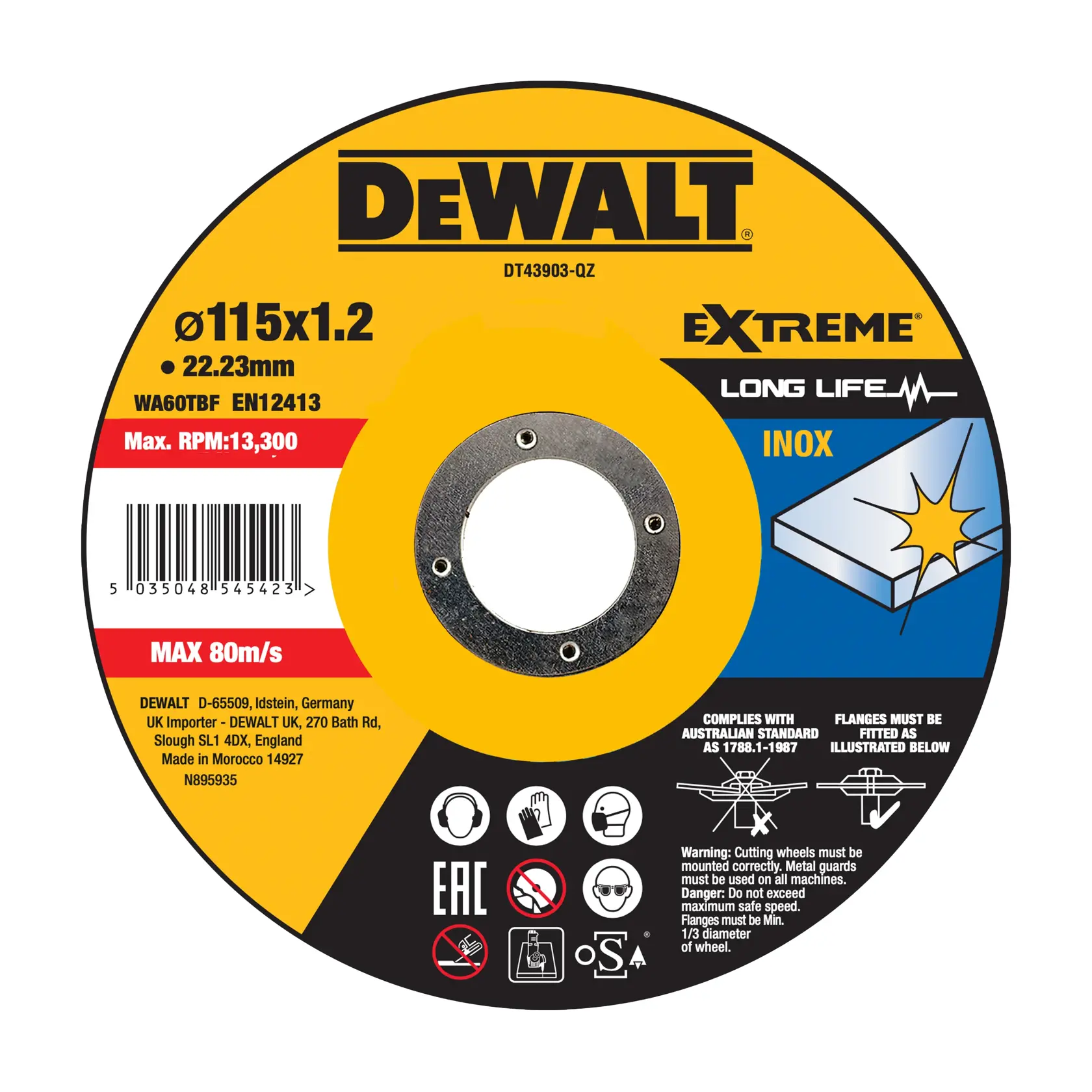 DEWALT DT43903, DT43903-QZ disc for inox cutting, Extreme series, 115x1.2mm, photography product.