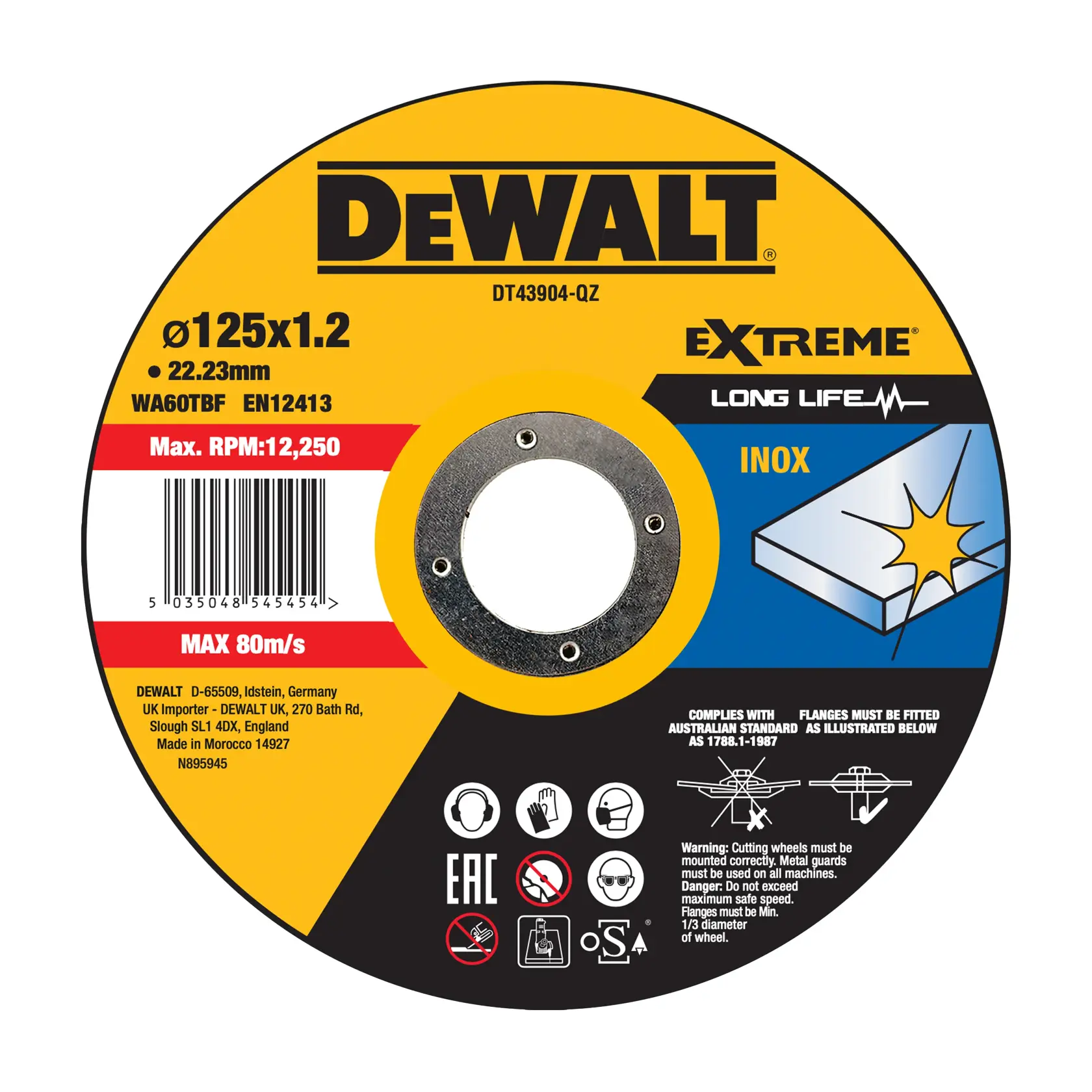 DEWALT DT43904-QZ, DT43904 cutting disc for metal/Inox, Ø125x1.2mm, max RPM 12,250. Extreme long life.