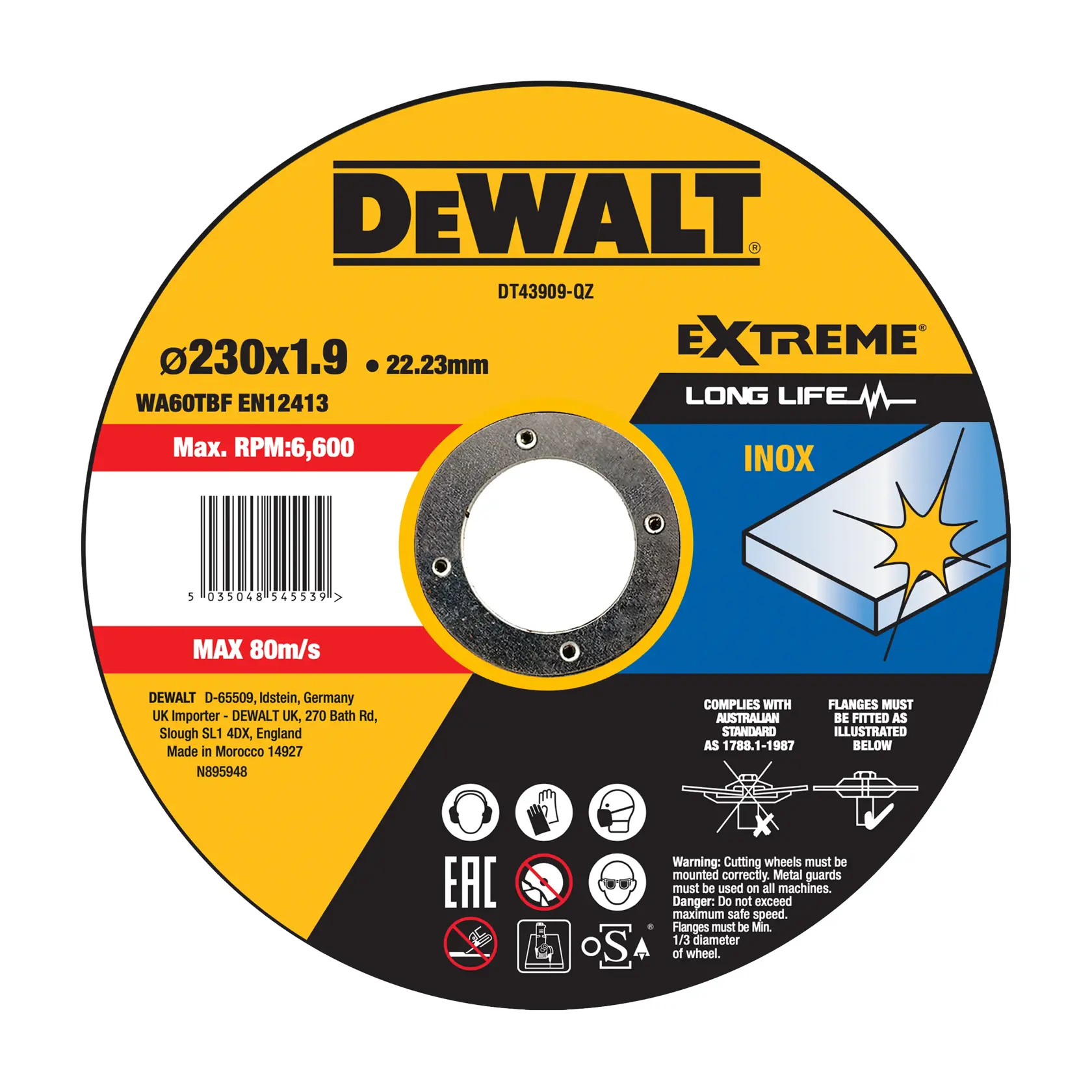 DEWALT extreme long-life inox cutting wheel, Photography, SKUs DT43909-QZ, DT43909 shown.