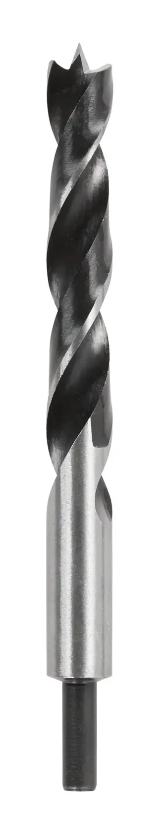 A close-up image of a DEWALT wood drill bit with a silver shaft and black spiral flutes, shown against a white background.