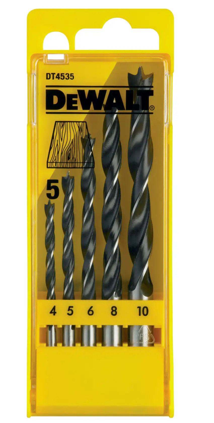 DEWALT DT4535 set of five wood drill bits in yellow case, sizes 4-10mm clearly displayed.