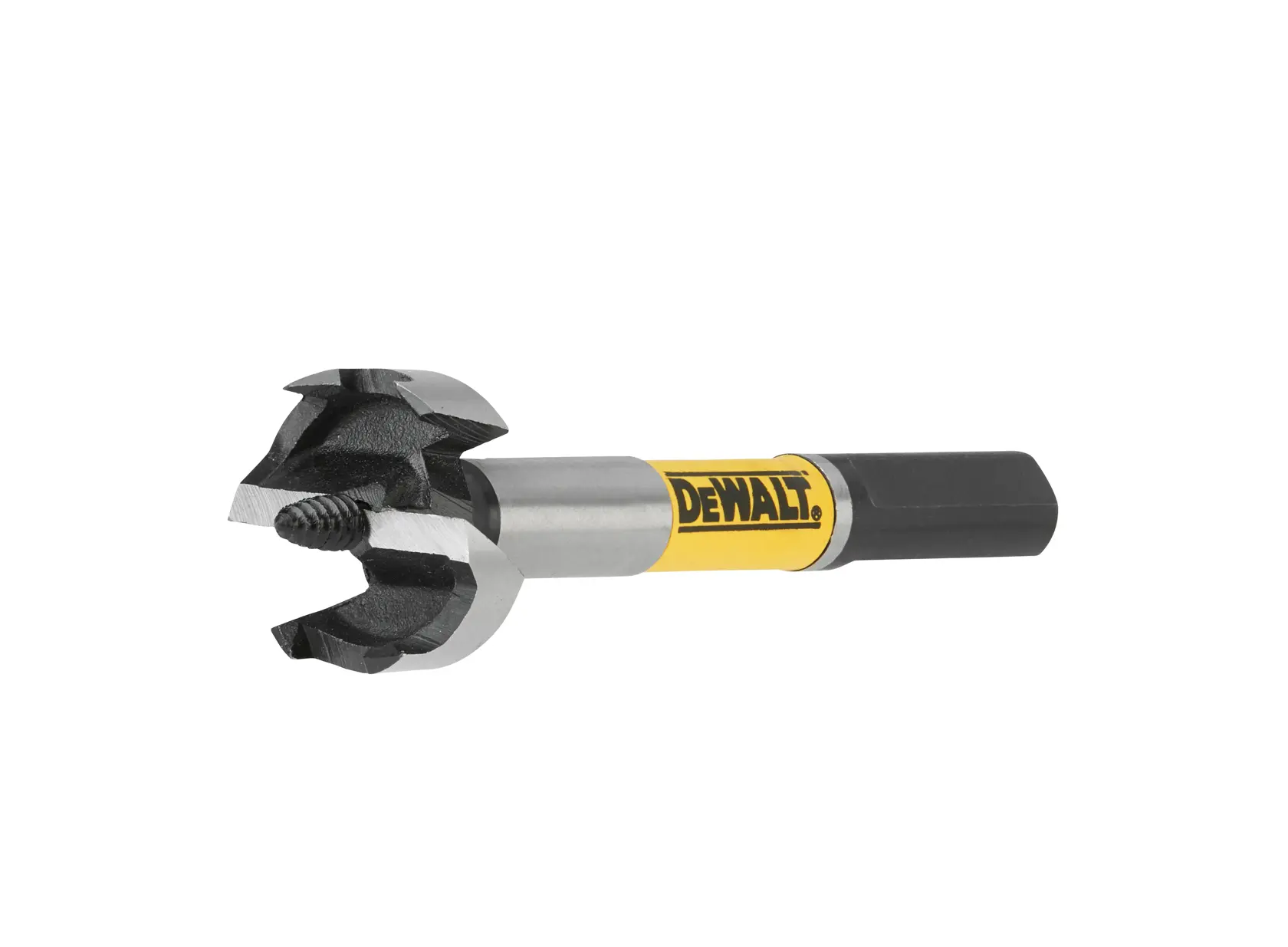 DEWALT DT4576 wood drill bit with hex shank and sharp cutting edges, shown against a white background.