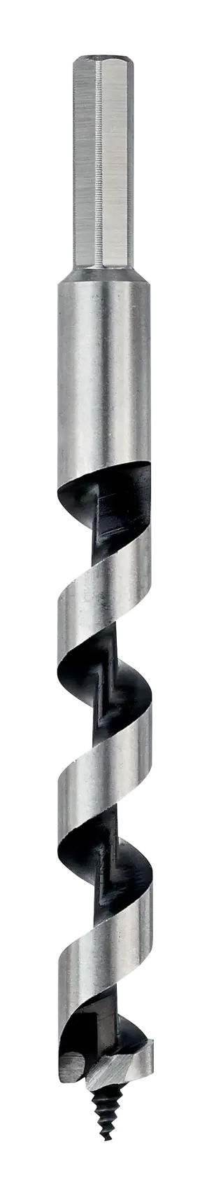 Metal auger drill bit with hex shank shown upright against a white background.