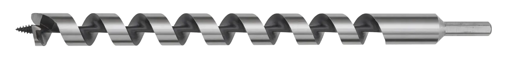 Metal auger drill bit with spiral design and screw tip for wood drilling, shown on a white background.