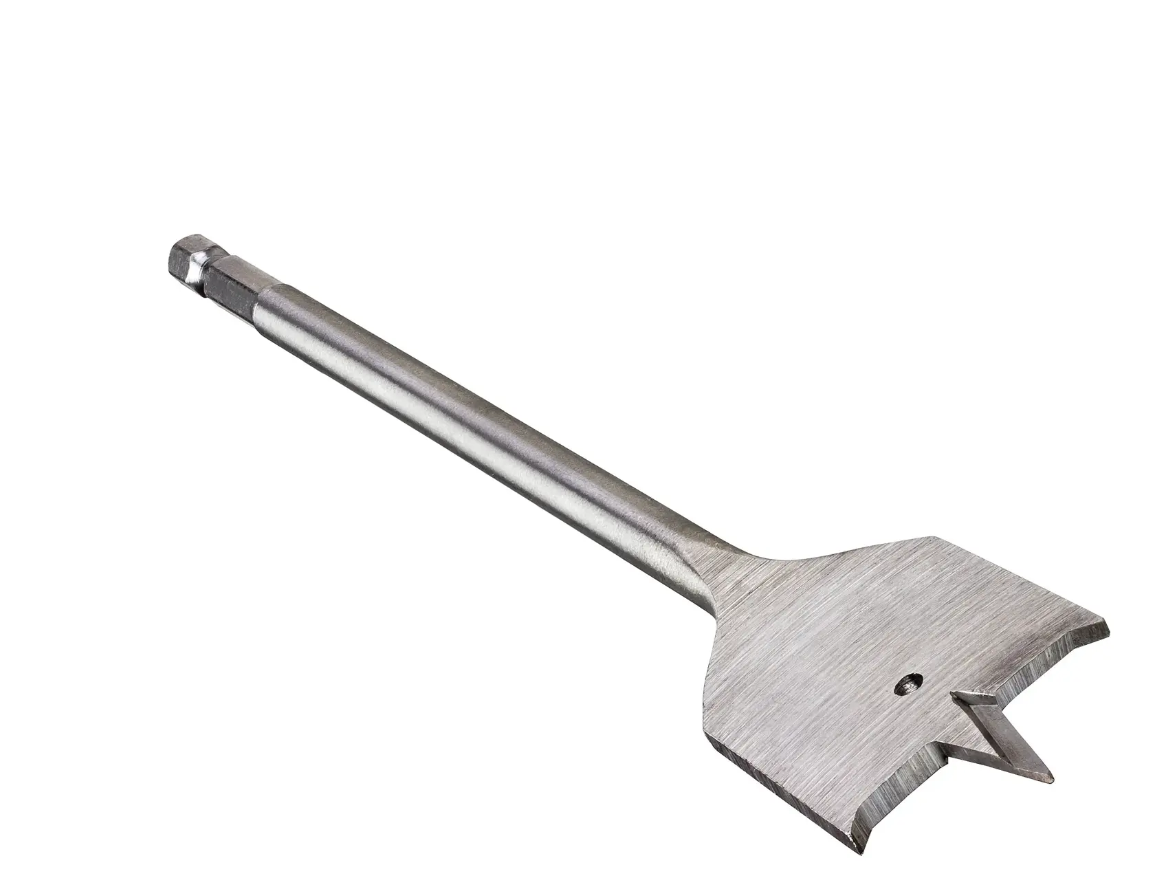 Flat wood spade drill bit with a hex shank, designed for drilling large holes in wood.