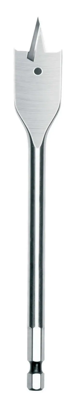 A flat, metallic spade drill bit with a pointed tip and hexagonal shank, designed for making holes in wood.