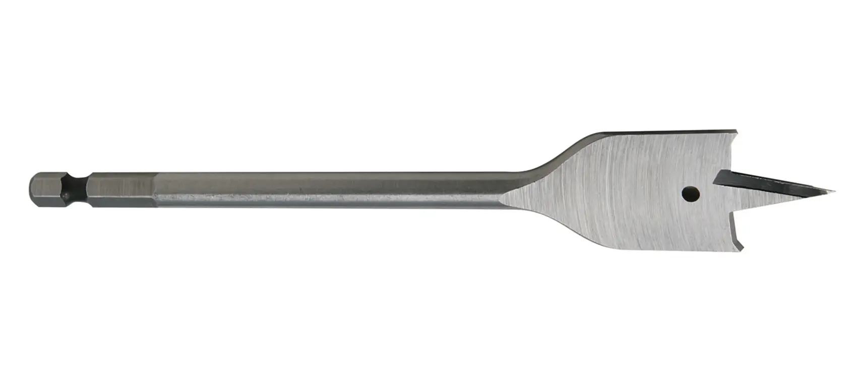 A DEWALT flat spade drill bit, used for woodworking, featuring a sharp pointed tip and a hex shank for secure attachment in a drill.