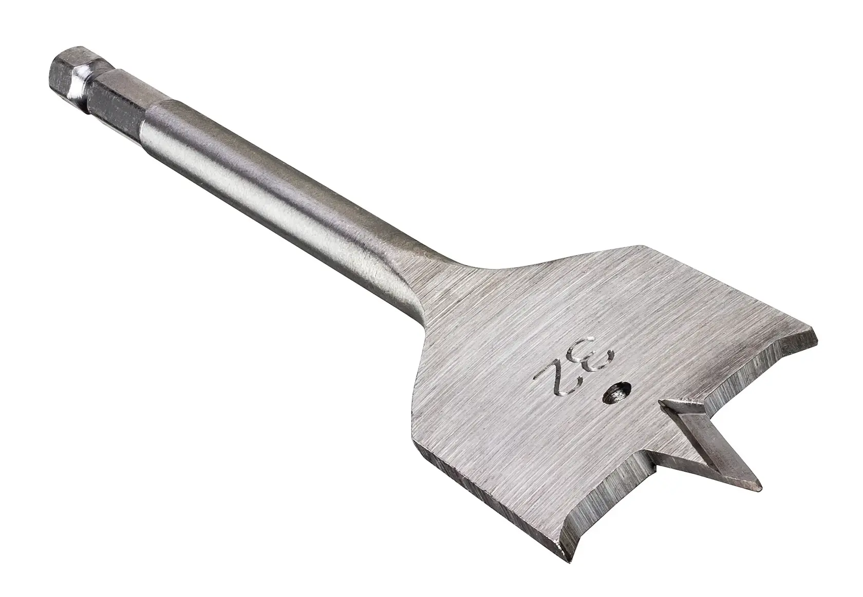 Flat wood drill bit with sharp tip and DEWALT branding, designed for fast and precise drilling.