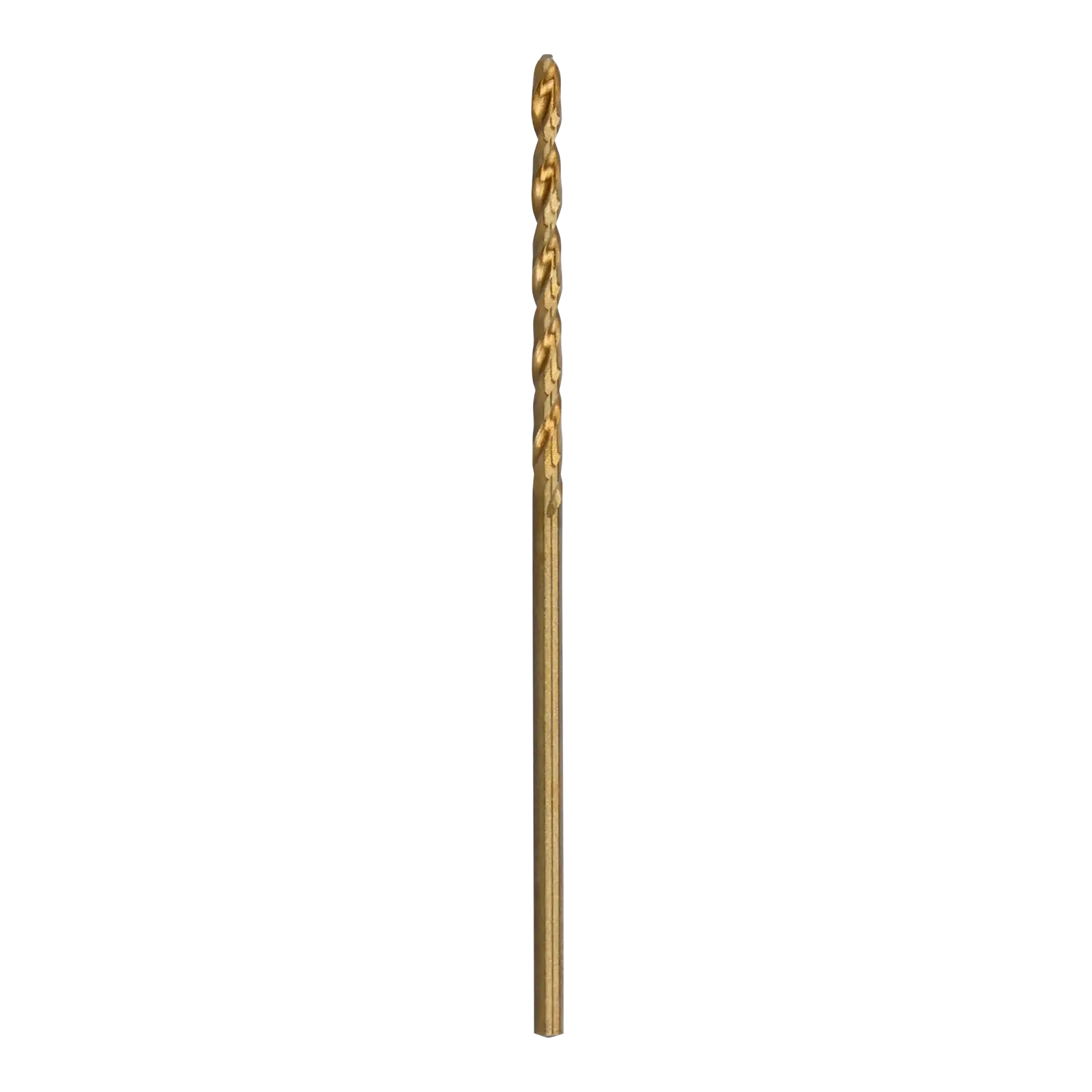 A single gold-colored twist drill bit standing vertically on a white background.