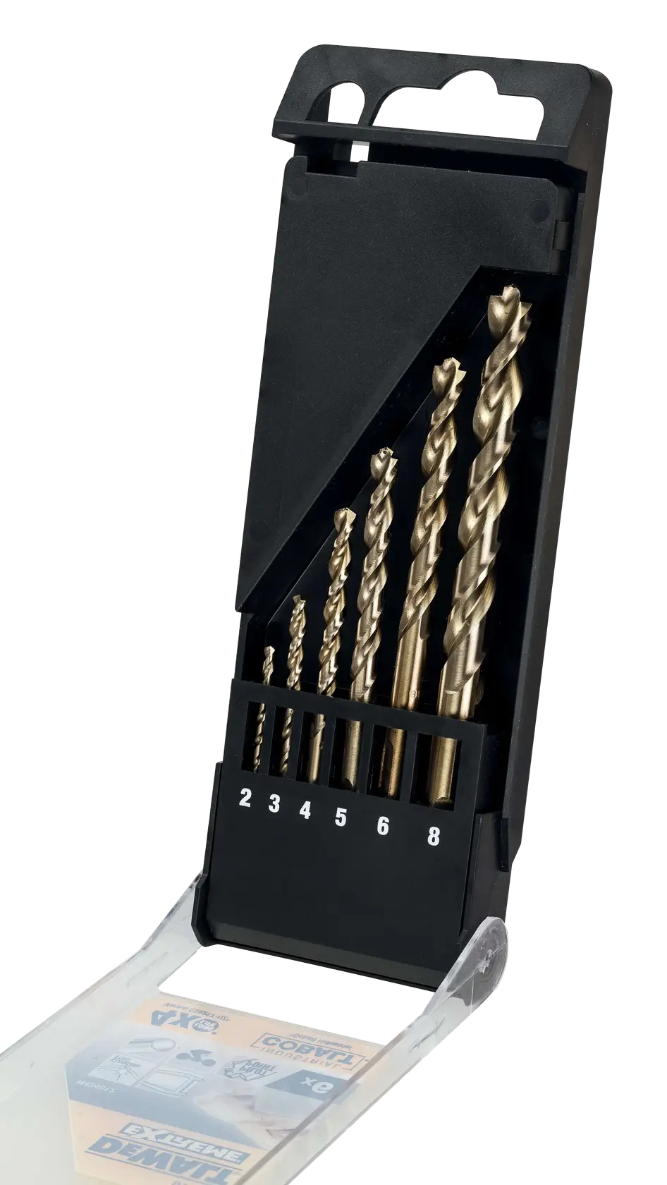 Photo of DEWALT DT4956 drill bit set in black case, 6 pieces with size markings visible.
