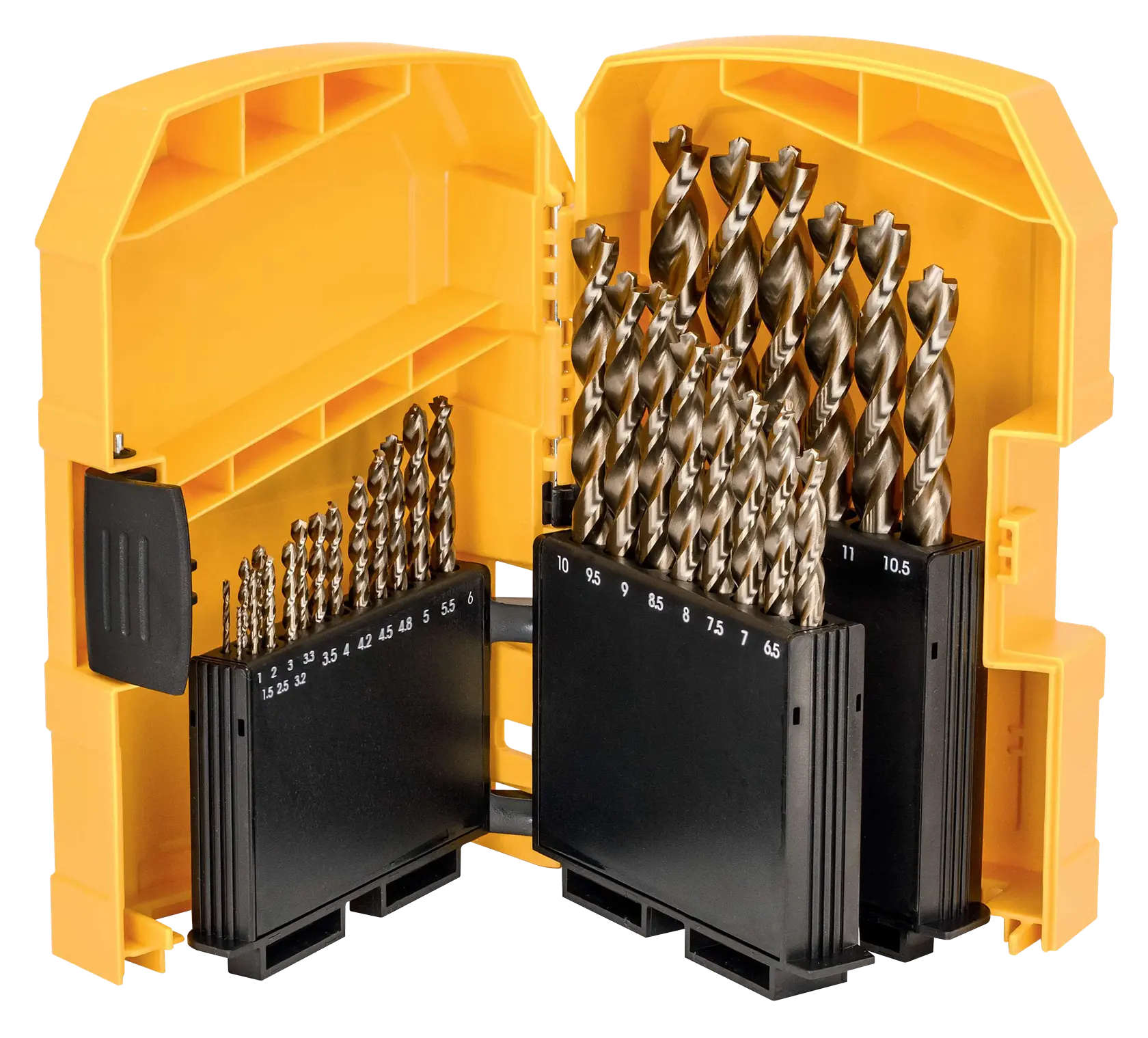 Photo of DEWALT drill bit set in yellow case, SKUs DT4957-QZ, DT4957, assorted sizes, front angle.