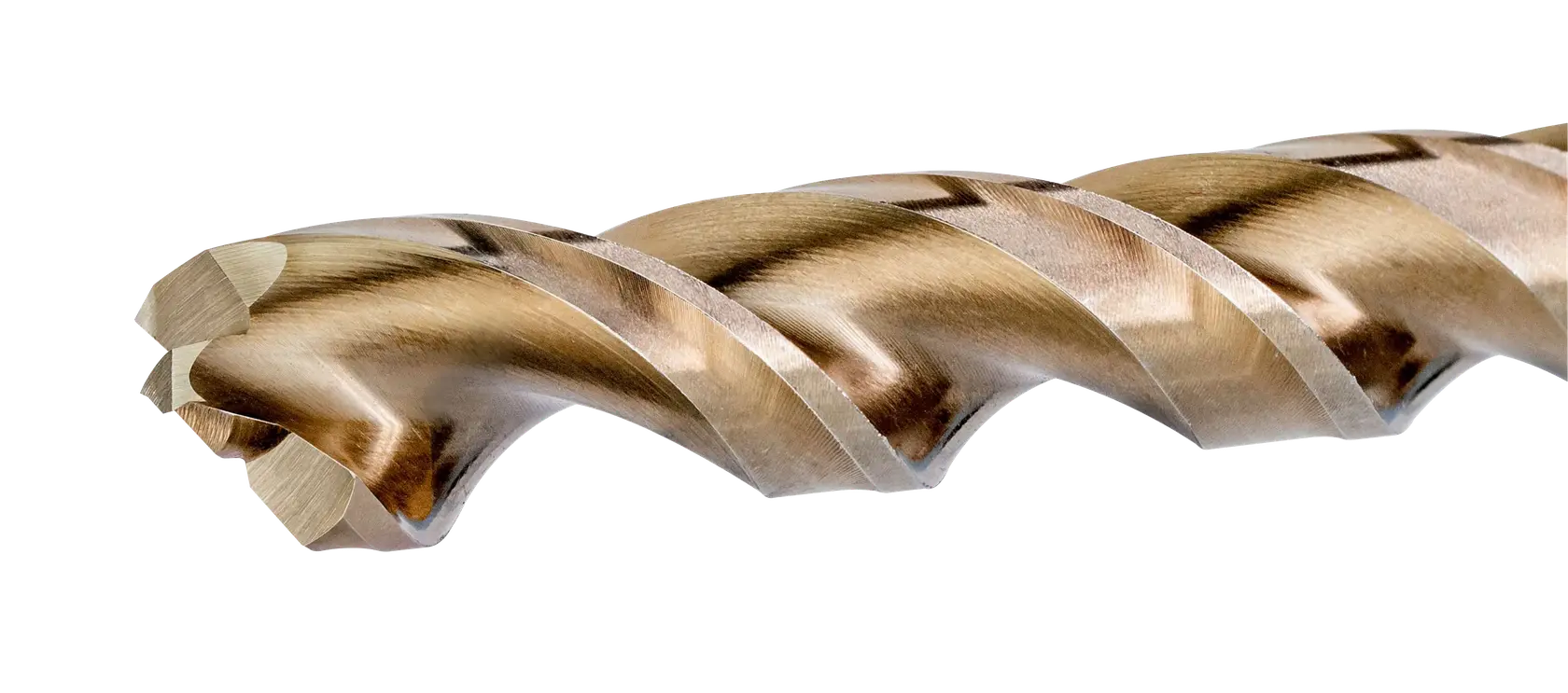 Photo of DEWALT drill bit close-up, gold finish, spiral flute, SKUs DT4957-QZ, DT4957, on white background.