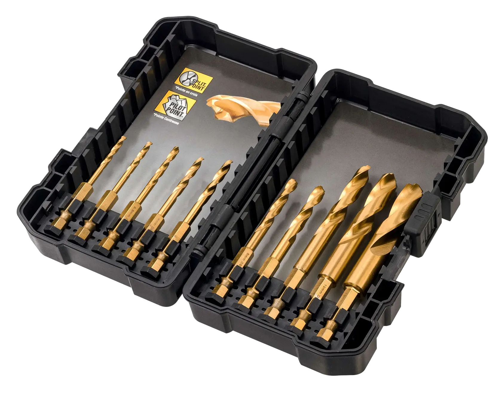DEWALT DT50050 titanium drill bit set in black case, product photography, SKU DT50050, angled white background.