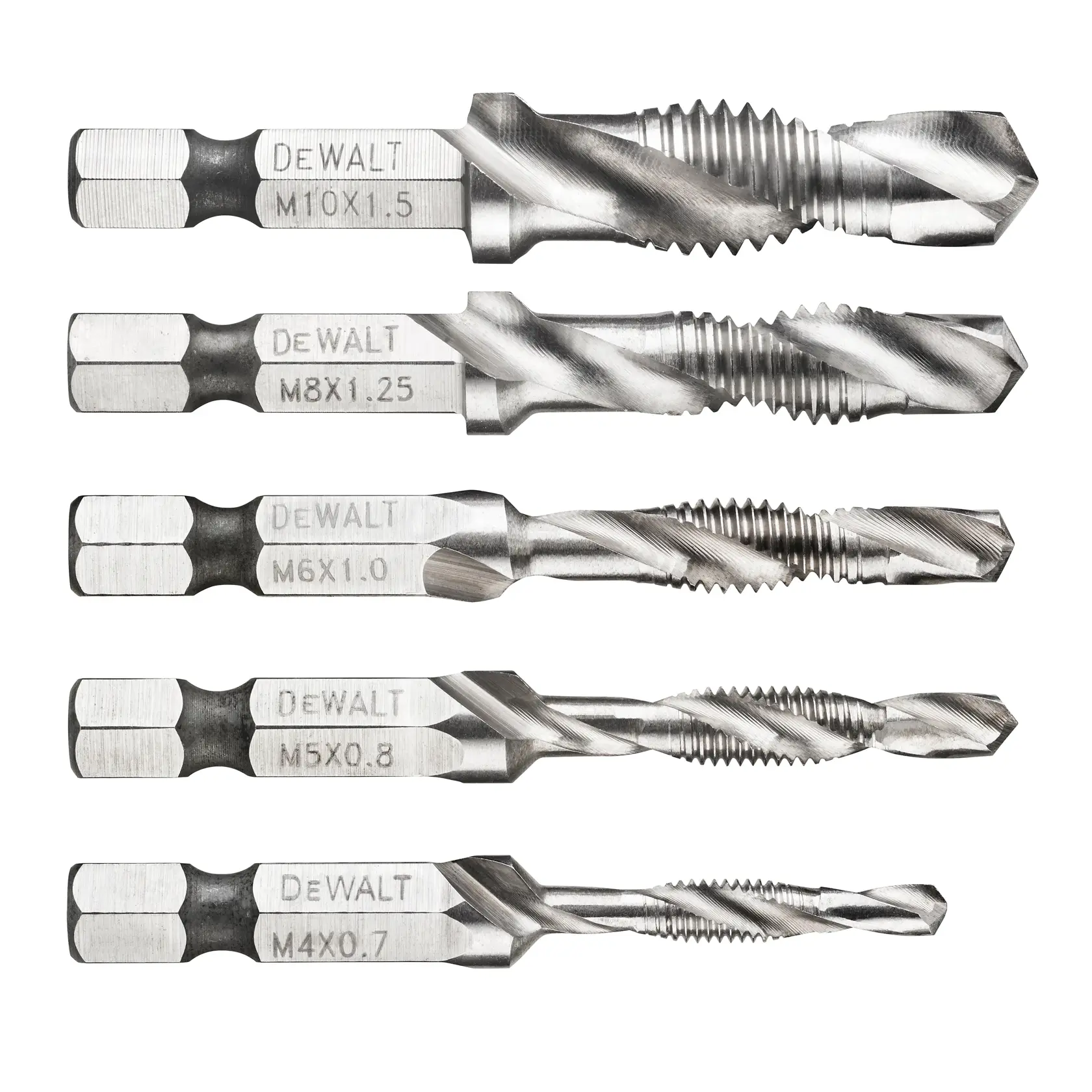 A set of five DEWALT metal drill taps in various sizes, each labeled with its metric measurements: M10x1.5, M8x1.25, M6x1.0, M5x0.8, and M4x0.7. The taps are arranged horizontally against a white background.